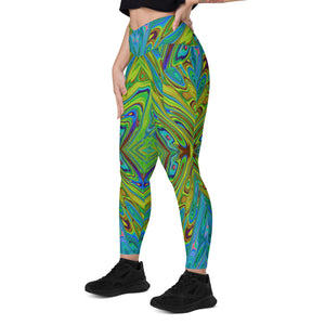 Crossover Leggings, Trippy Chartreuse and Blue Abstract Butterfly