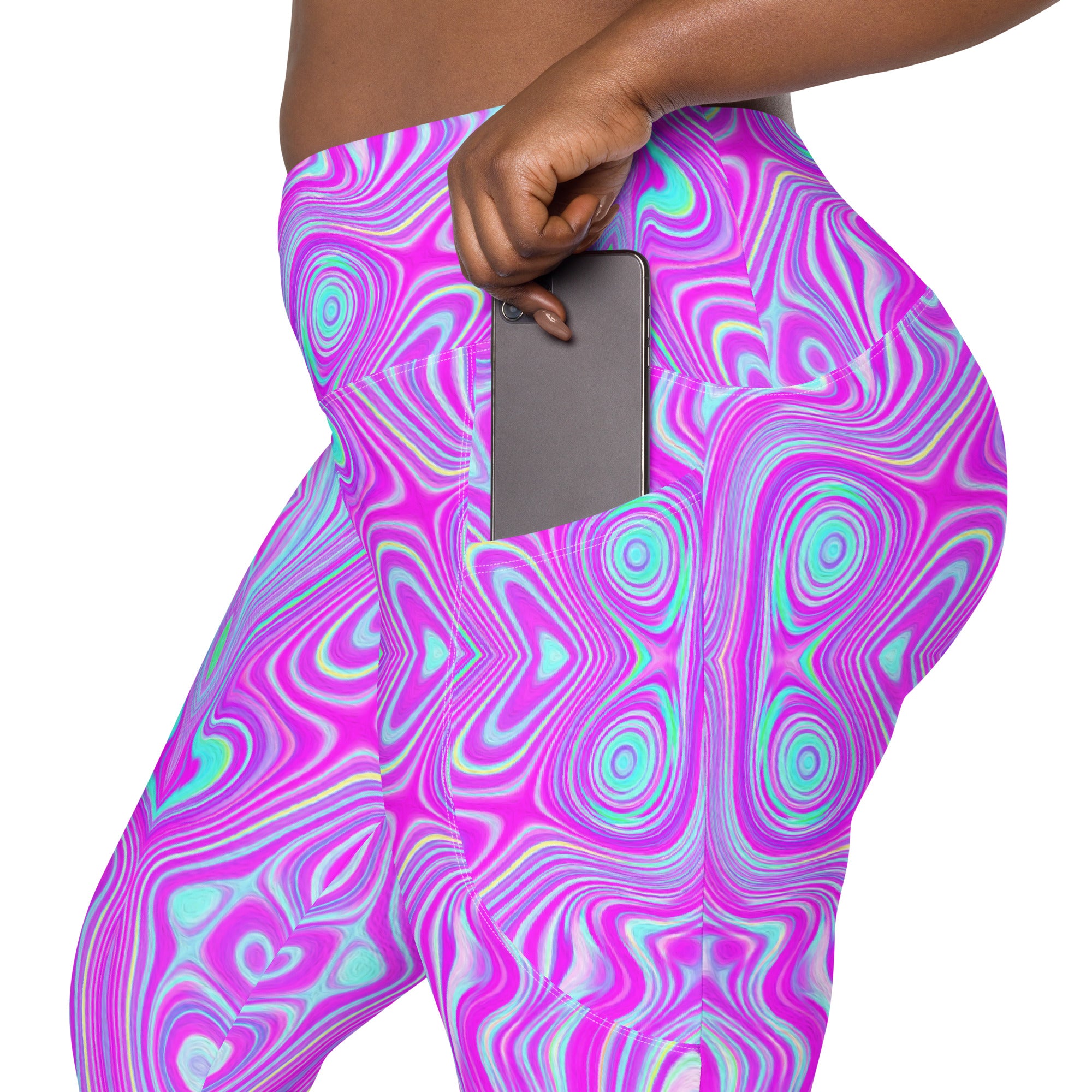 Crossover Leggings, Trippy Hot Pink and Aqua Blue Abstract Pattern