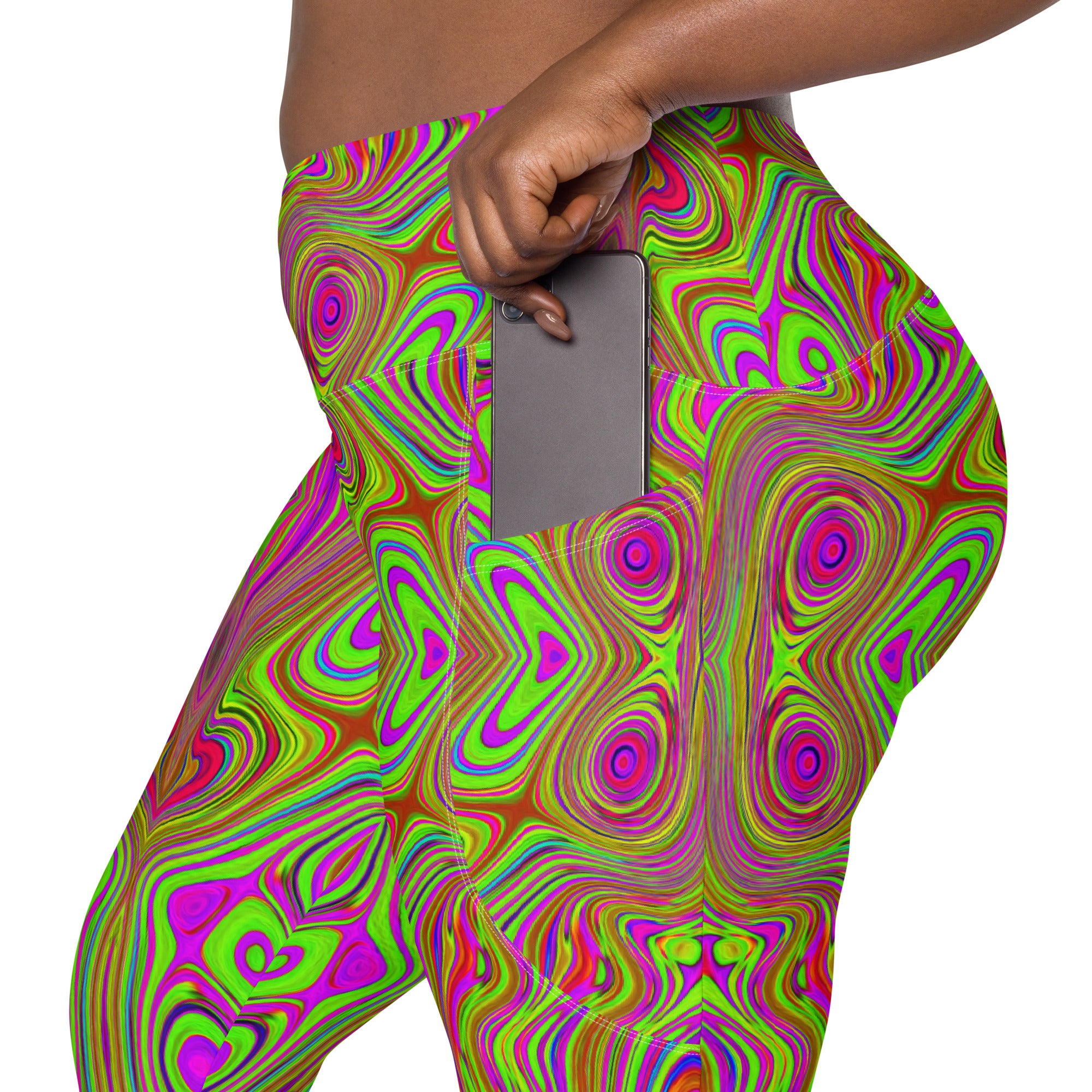 Crossover Leggings, Trippy Retro Chartreuse Magenta Abstract Pattern
