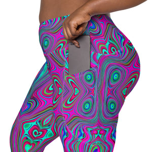 Crossover Leggings, Trippy Retro Magenta, Blue and Green Abstract