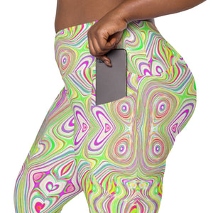 Crossover Leggings, Trippy Retro Pink and Lime Green Abstract Pattern