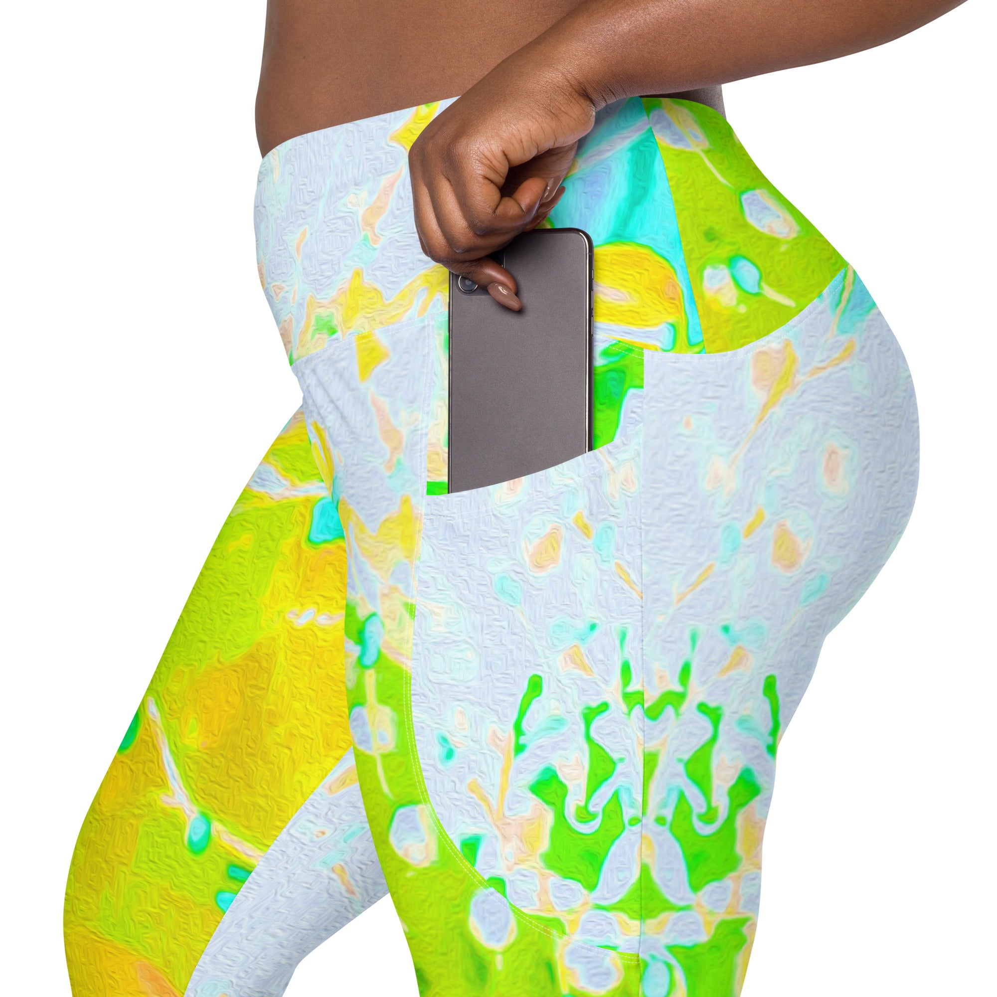 Crossover Leggings, Abstract Pincushion Flower in Yellow and Green