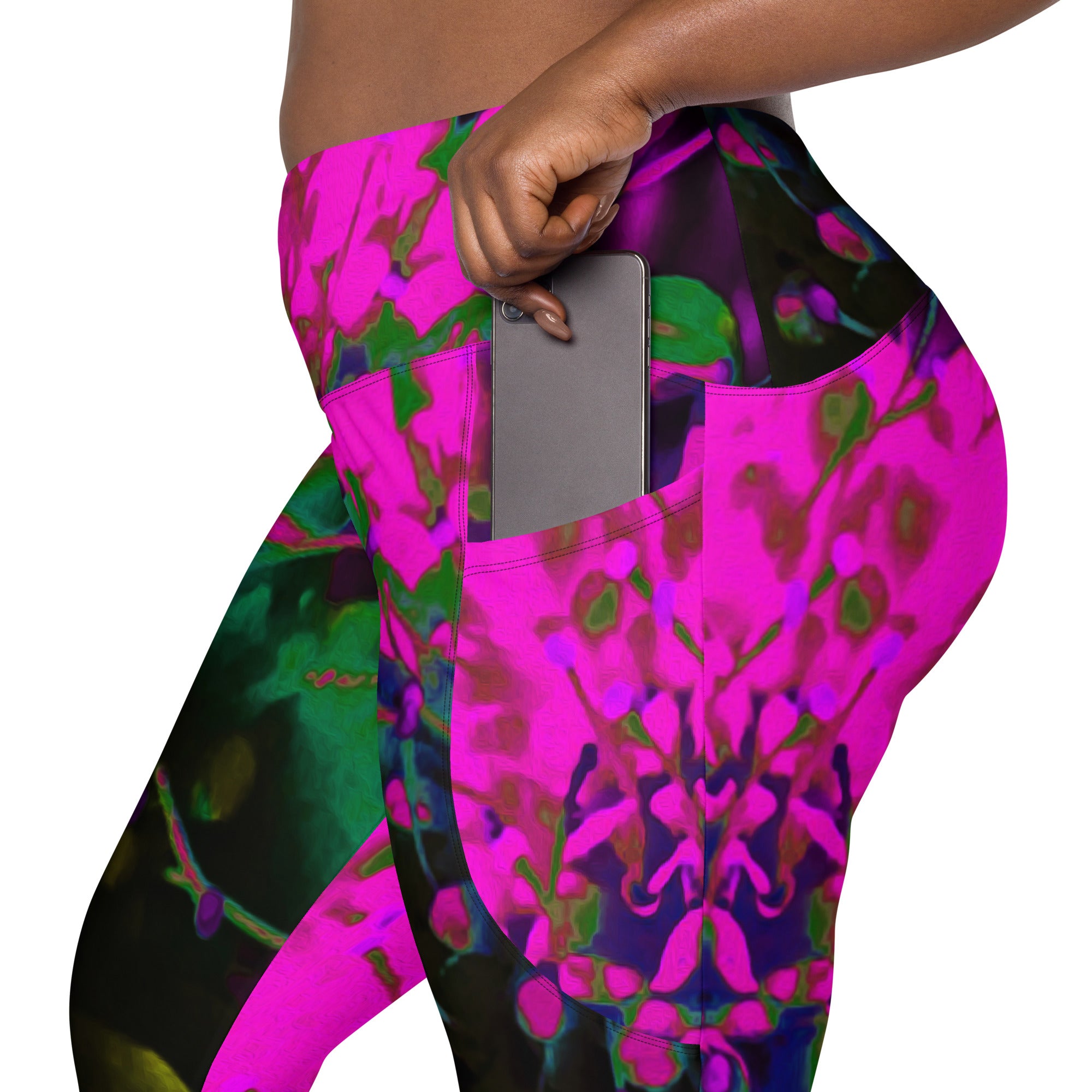 Crossover Leggings, Trippy Abstract Retro Hot Pink and Black Flower