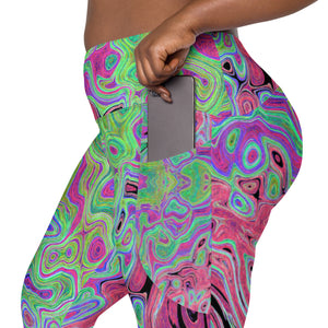 Crossover Leggings - Pink and Lime Green Groovy Abstract Retro Swirl