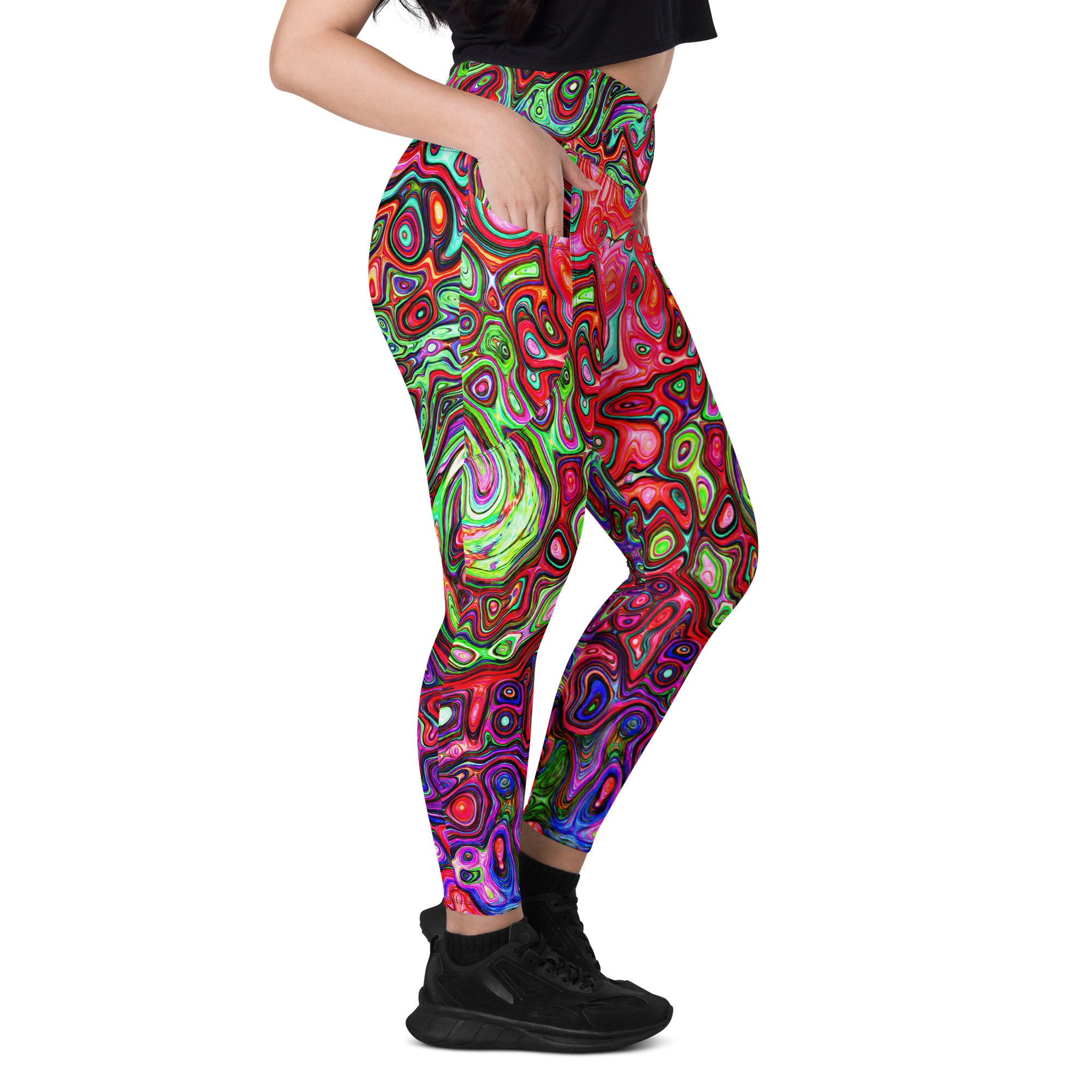 Crossover Leggings, Watercolor Red Groovy Abstract Retro Liquid Swirl
