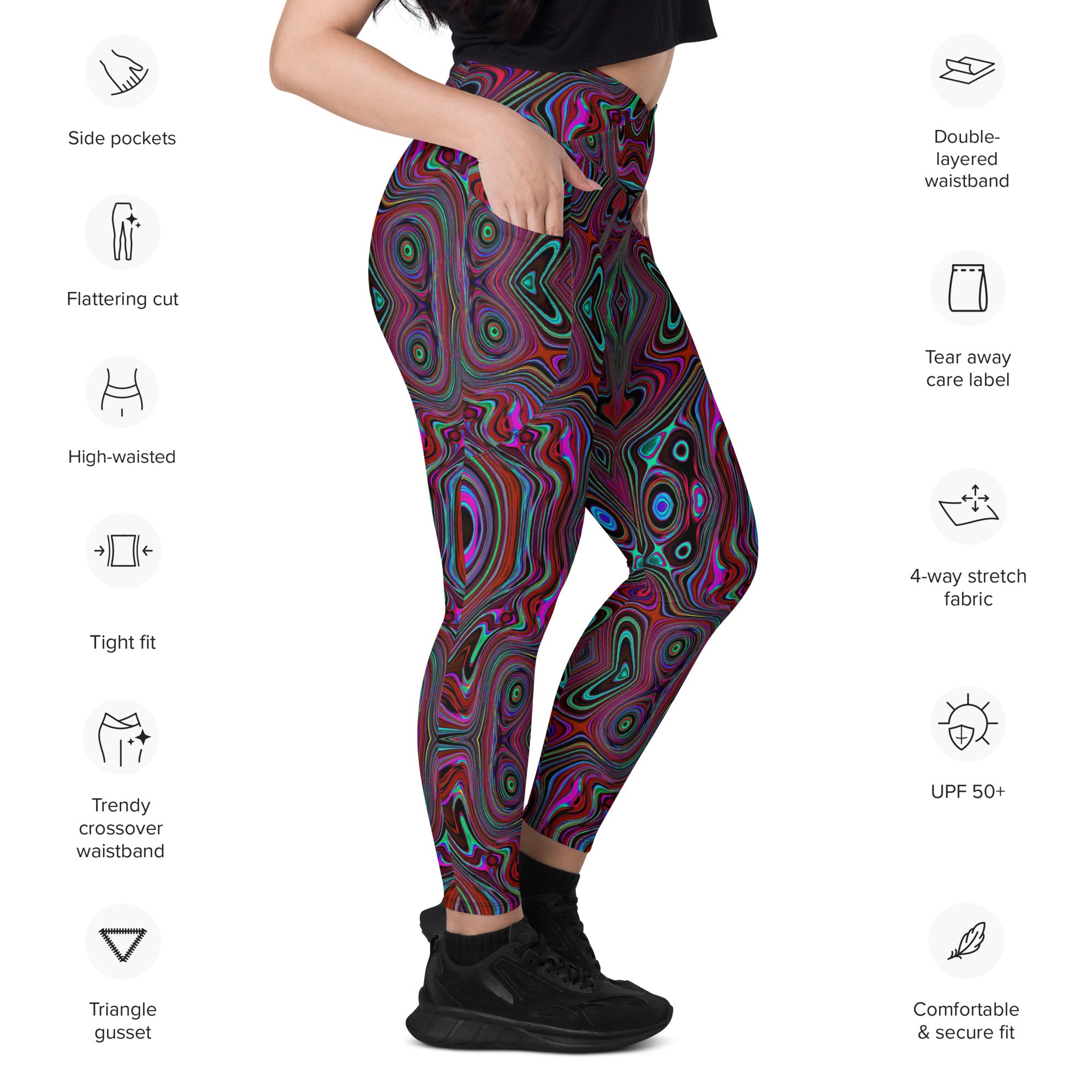 Crossover Leggings, Trippy Seafoam Green and Magenta Abstract Pattern