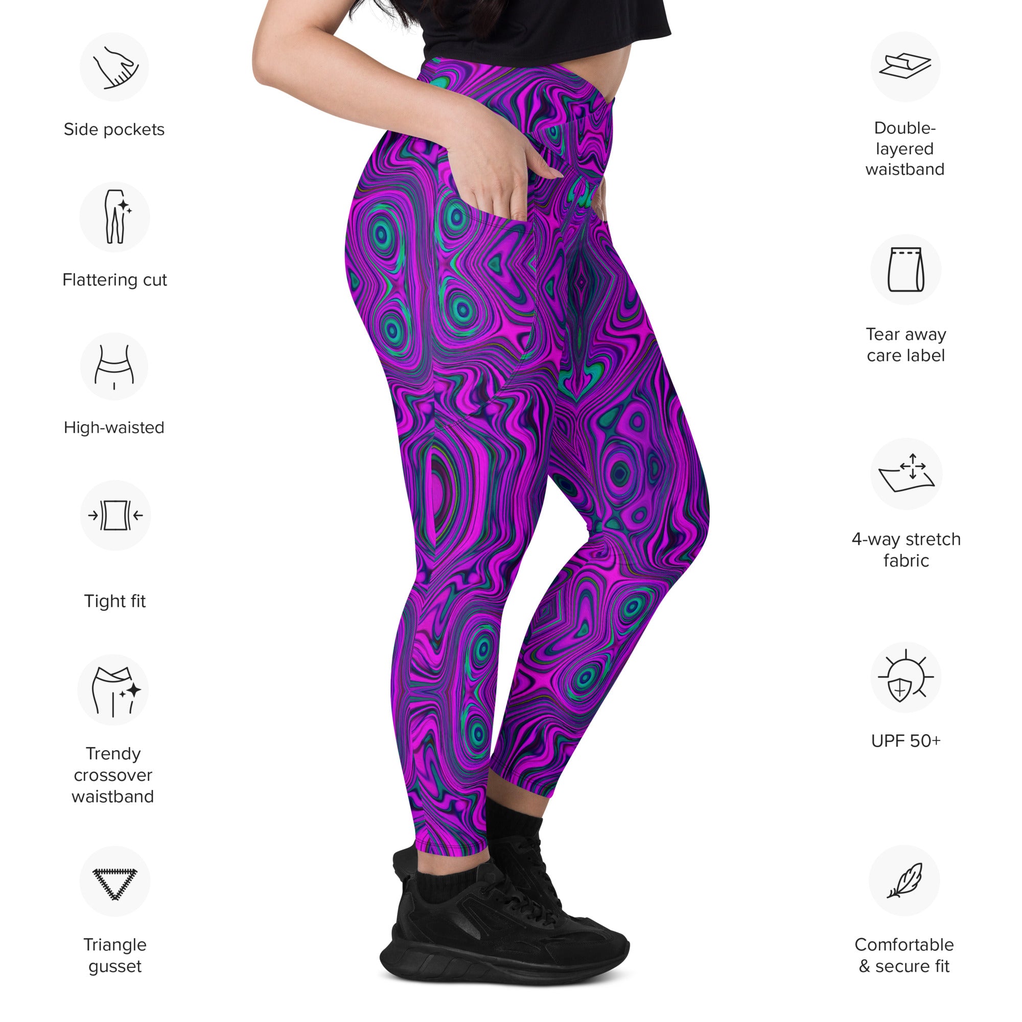Crossover Leggings, Trippy Retro Magenta and Black Abstract Pattern