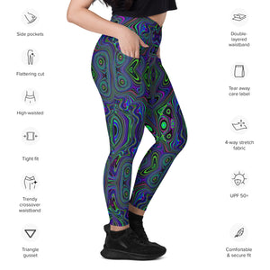 Crossover Leggings, Trippy Retro Royal Blue and Lime Green Abstract