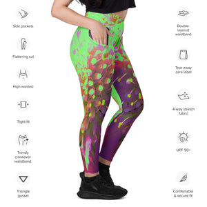Crossover Leggings, Abstract Pincushion Flower in Lime Green and Purple