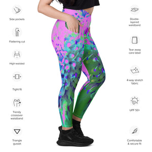 Crossover Leggings, Abstract Pincushion Flower in Pink Blue and Green