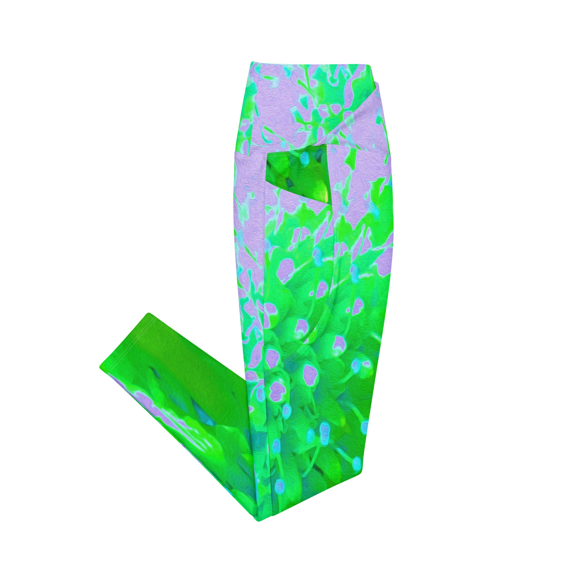 Crossover Leggings, Abstract Pincushion Flower in Lavender and Green