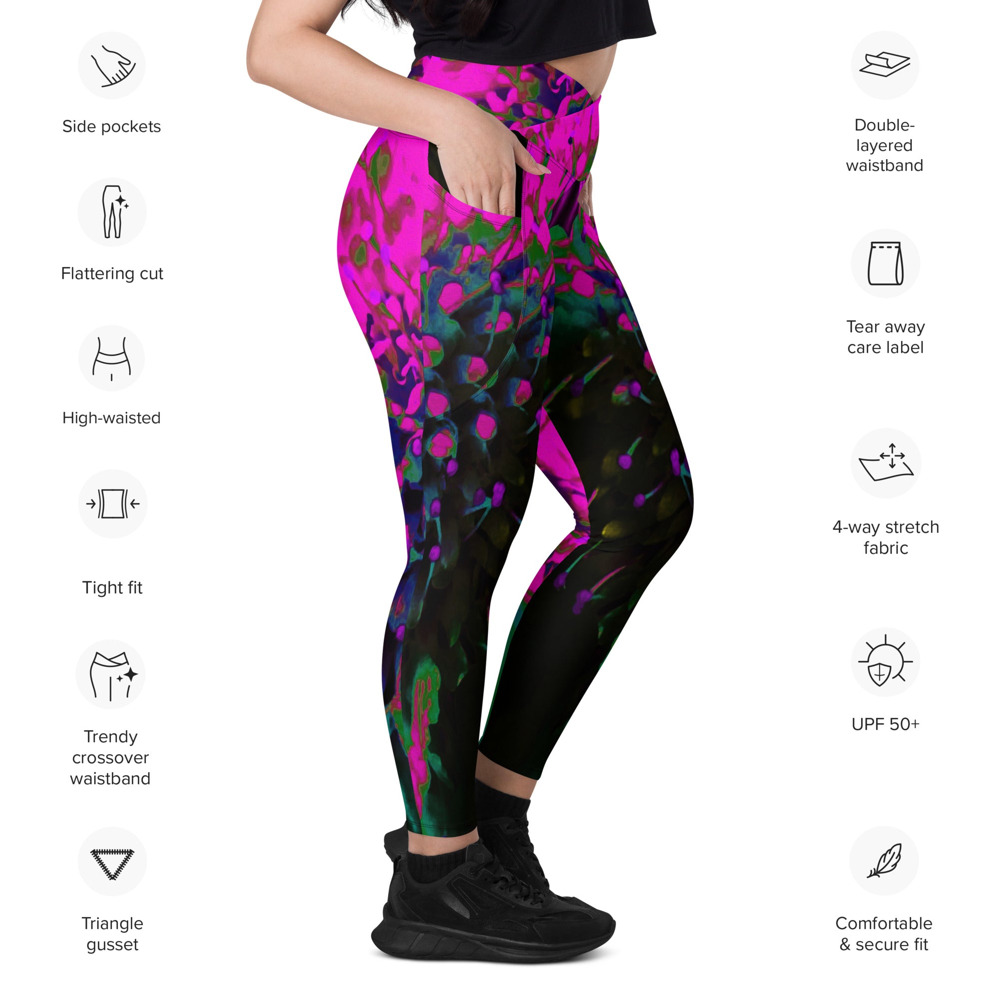 Crossover Leggings, Trippy Abstract Retro Hot Pink and Black Flower