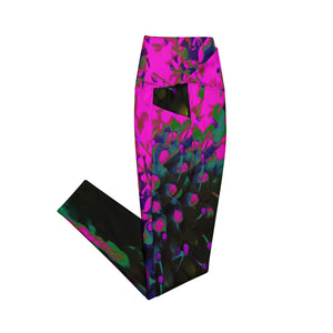 Crossover Leggings, Trippy Abstract Retro Hot Pink and Black Flower