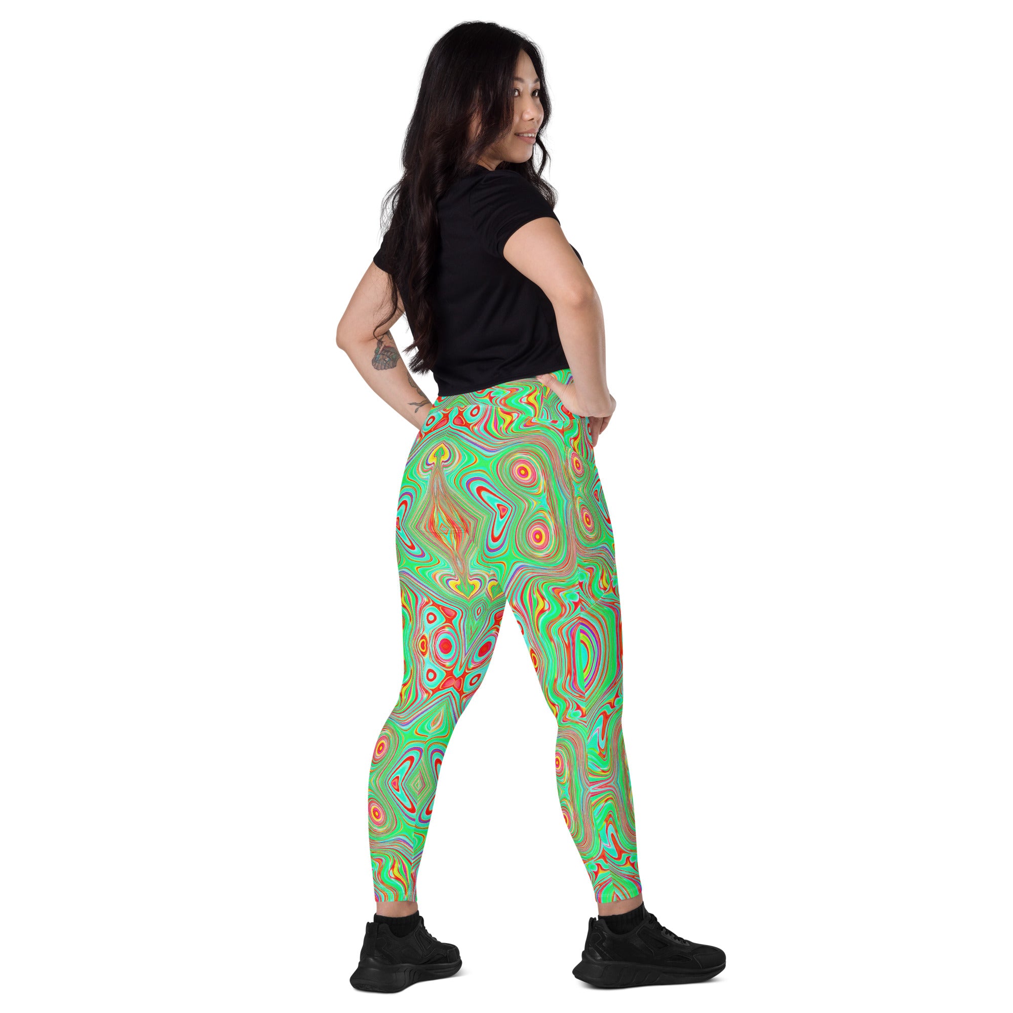 Crossover Leggings, Trippy Retro Orange and Lime Green Abstract Pattern