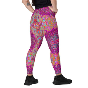 Crossover Leggings, Abstract Magenta, Pink, Blue and Red Groovy Pattern