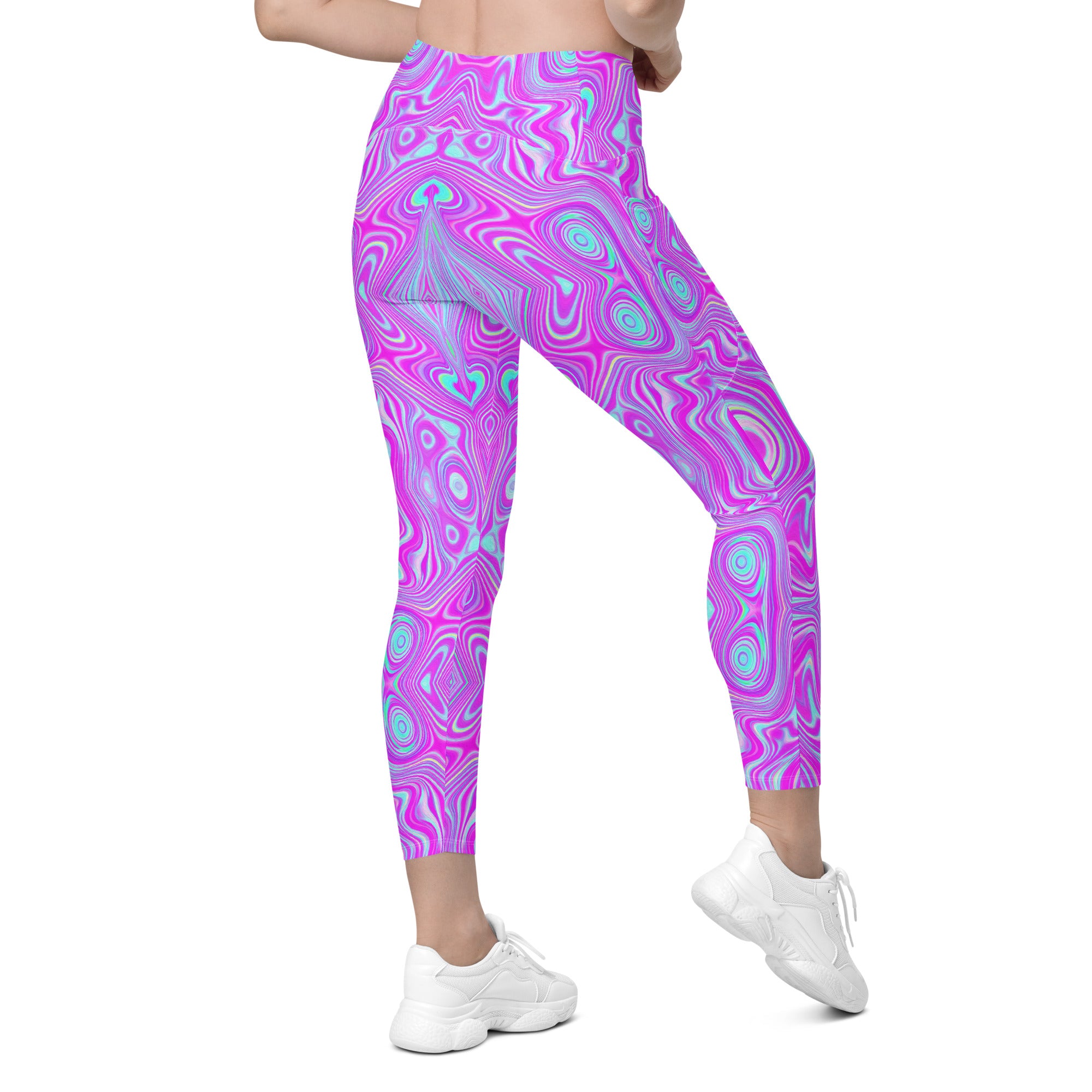 Crossover Leggings, Trippy Hot Pink and Aqua Blue Abstract Pattern