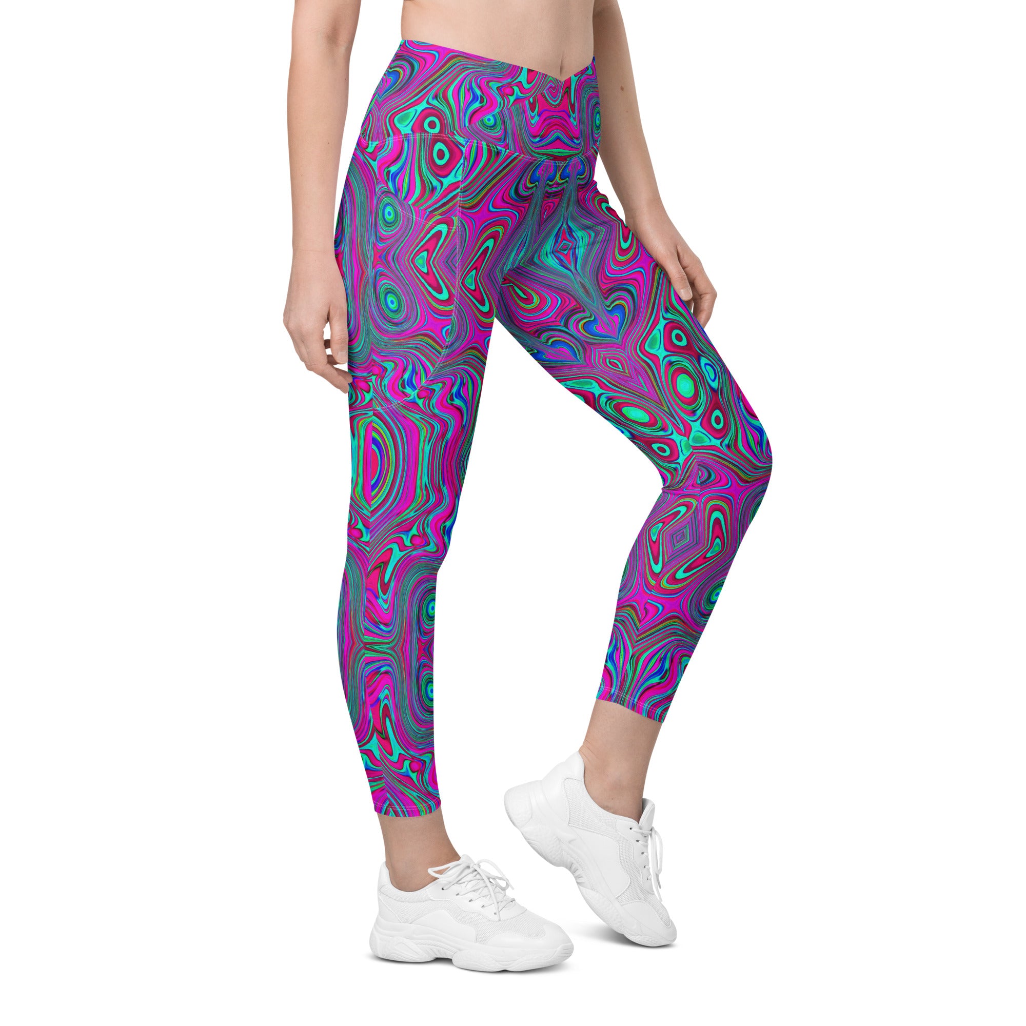 Crossover Leggings, Trippy Retro Magenta, Blue and Green Abstract