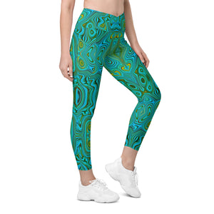 Crossover Leggings, Trippy Retro Turquoise Chartreuse Abstract Pattern
