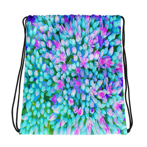 Drawstring Bags, Blue and Hot Pink Succulent Sedum Flowers Detail