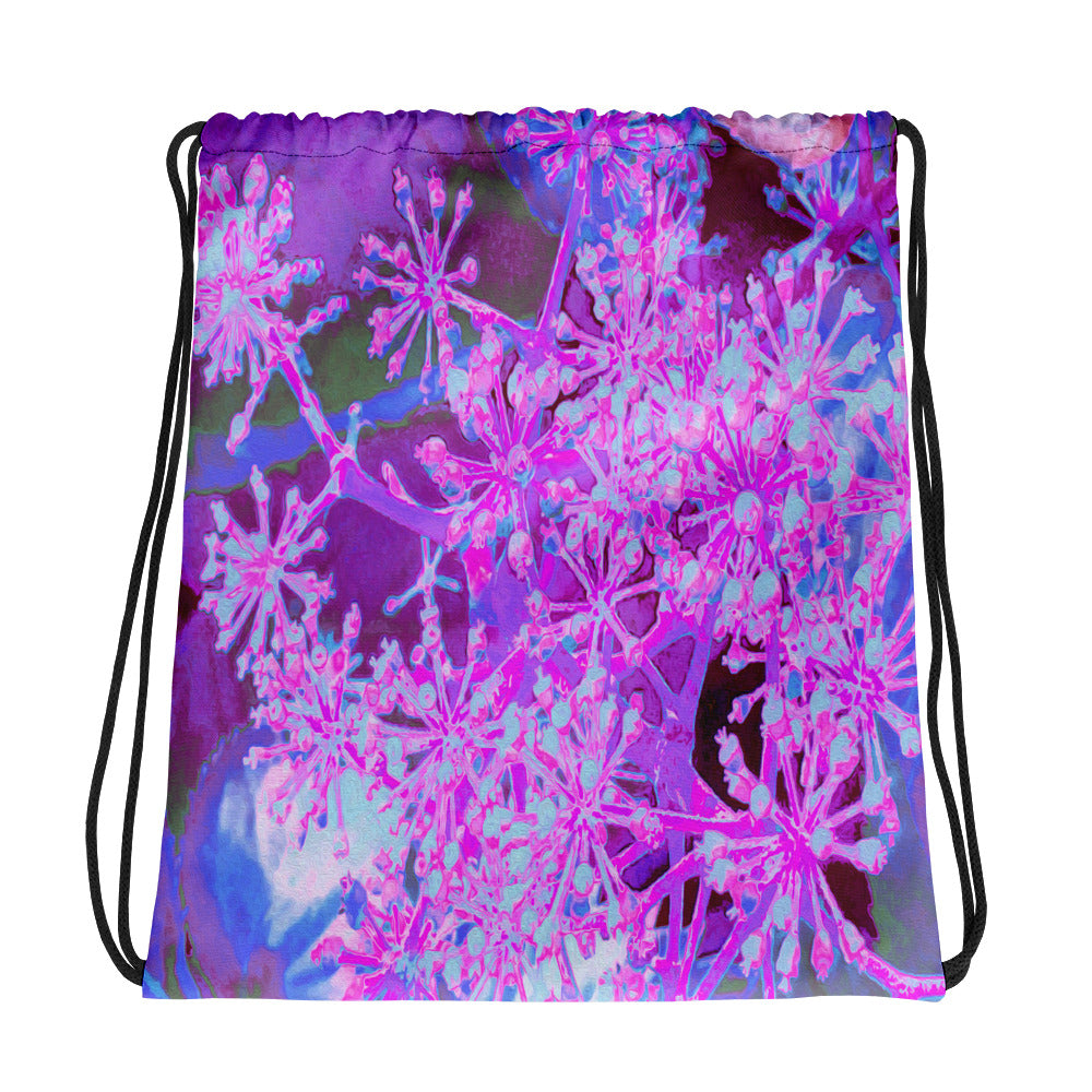 Drawstring Bag, Cool Abstract Retro Nature in Hot Pink and Purple