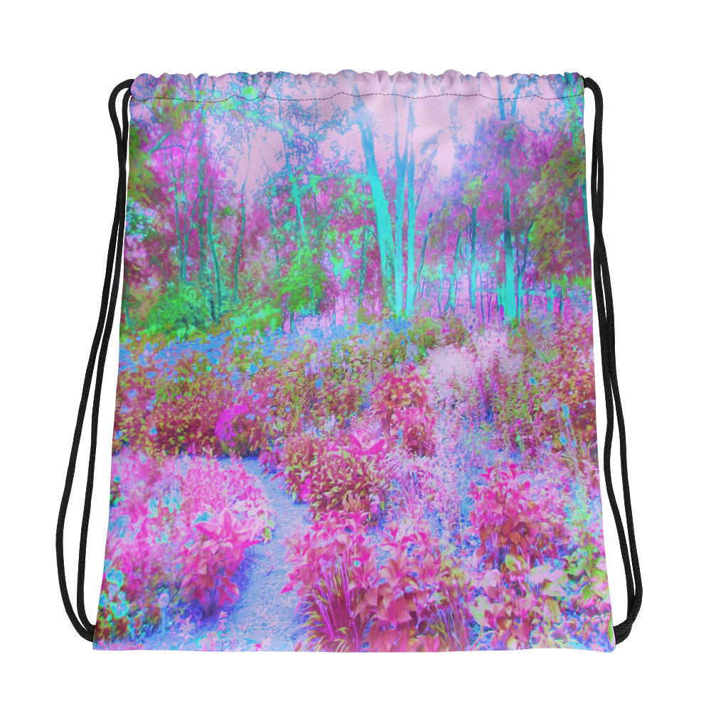 Drawstring Bags, Impressionistic Pink and Turquoise Garden Landscape