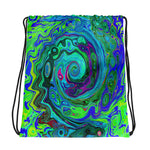 Trippy Drawstring Bags, Groovy Abstract Retro Green and Blue Swirl