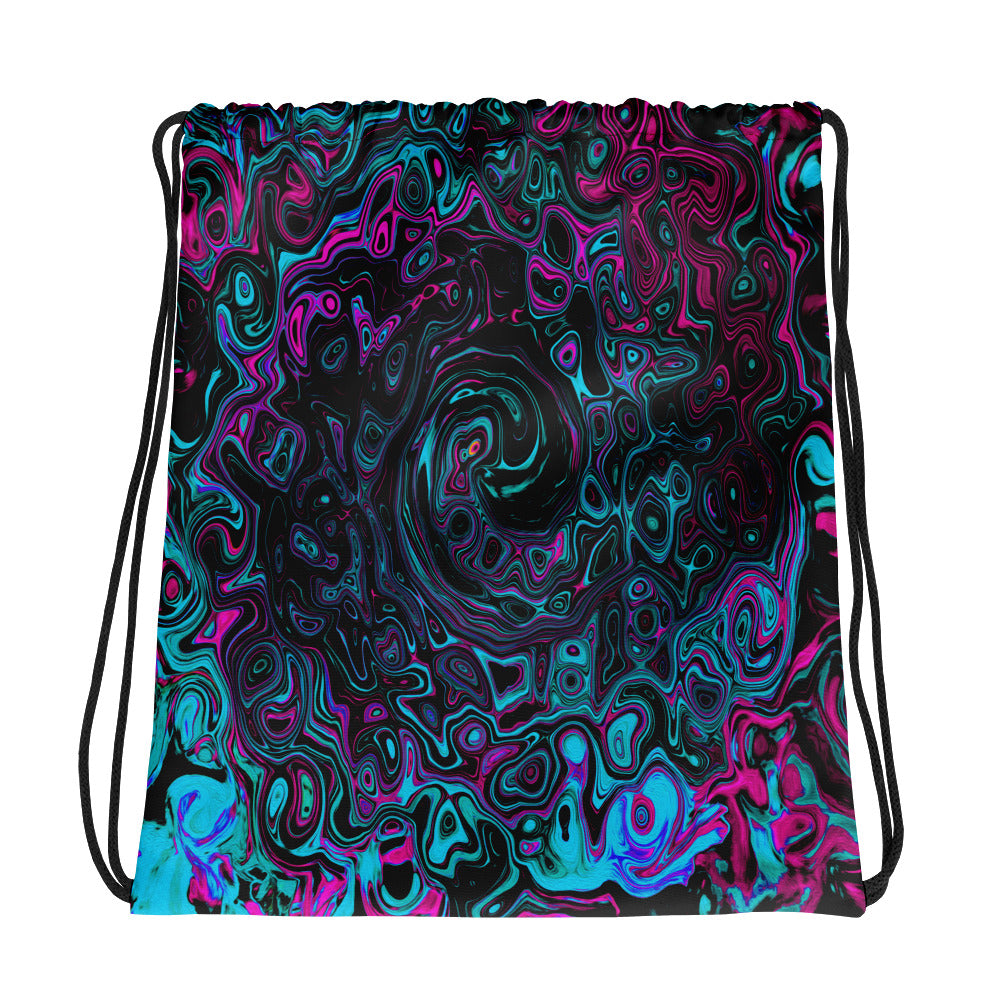 Drawstring Bags, Retro Aqua Magenta and Black Abstract Swirl