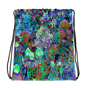 Drawstring Bags, Psychedelic Purple and Lime Green Garden Flowers