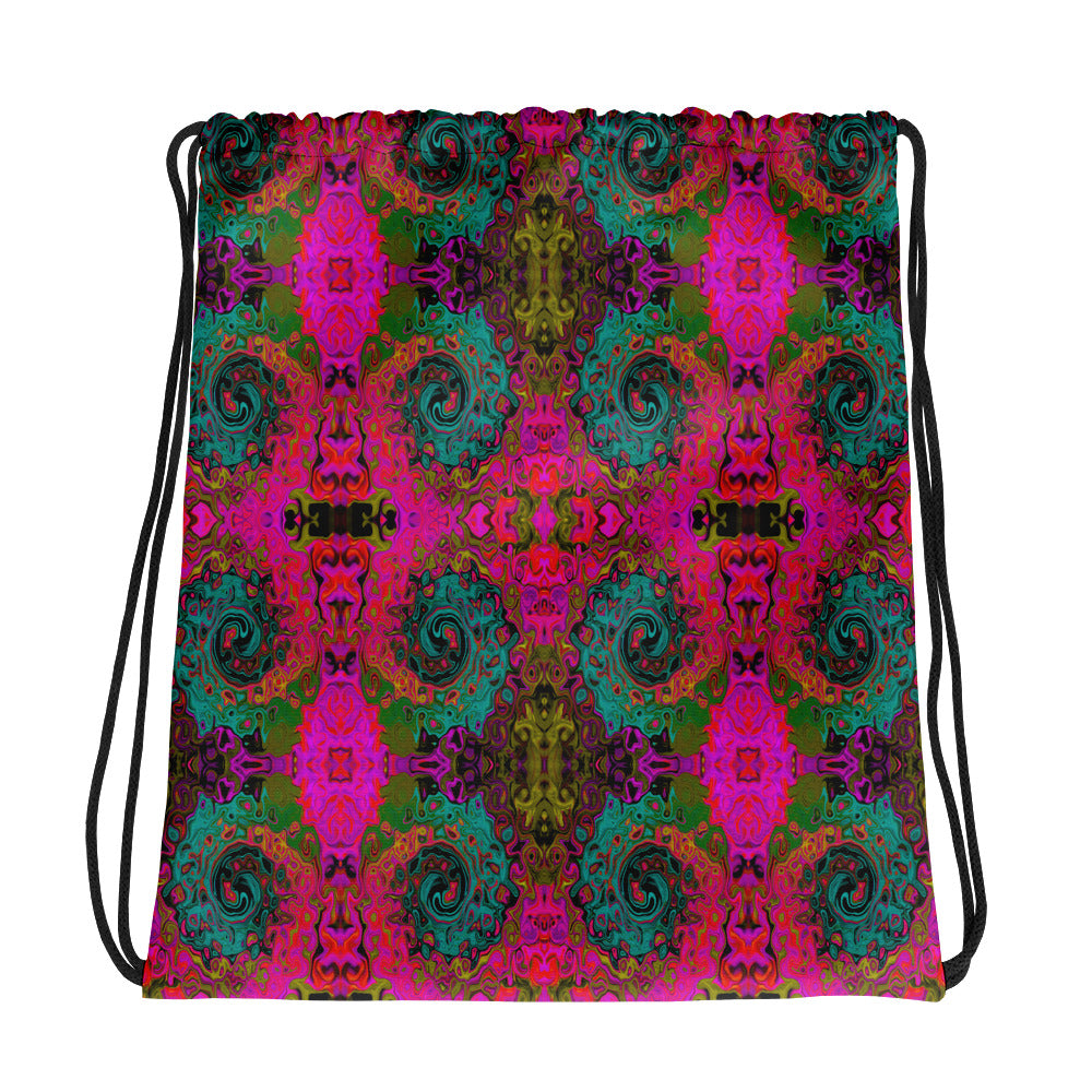 Drawstring Bags, Trippy Turquoise Abstract Retro Liquid Swirl Pattern