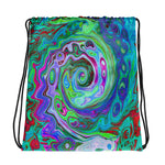 Drawstring Bags, Retro Green, Red and Magenta Abstract Groovy Swirl