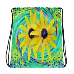 Drawstring Bags, Yellow Rudbeckia Flowers on a Turquoise Swirl