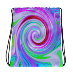 Drawstring Bags, Groovy Abstract Red Swirl on Purple and Pink