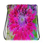 Drawstring Bags, Dramatic Crimson Red and Pink Dahlia Flower