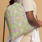 Drawstring Bags, Trippy Retro Pink and Lime Green Abstract Pattern