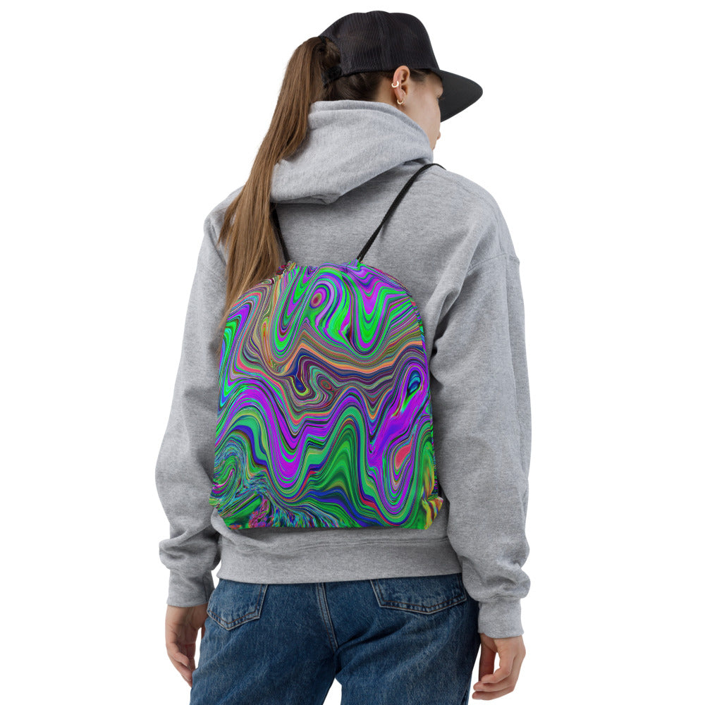Drawstring Bags, Trippy Lime Green and Purple Waves of Color