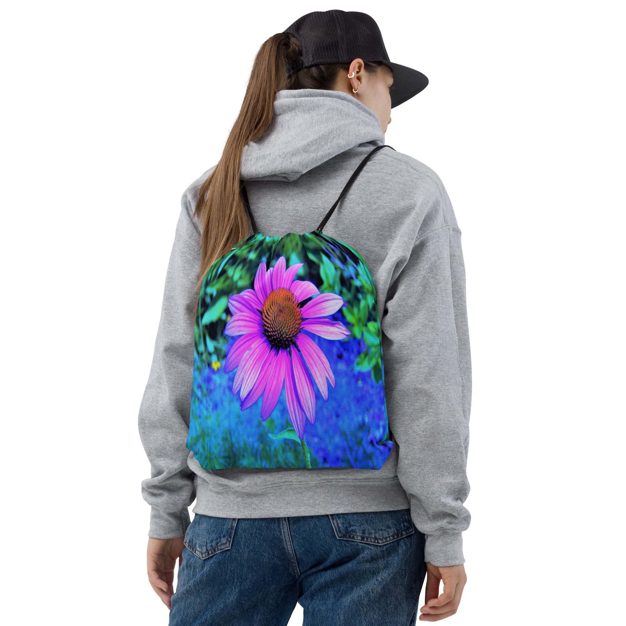 Drawstring Bags, Pink and Purple Coneflower on Blue Garden