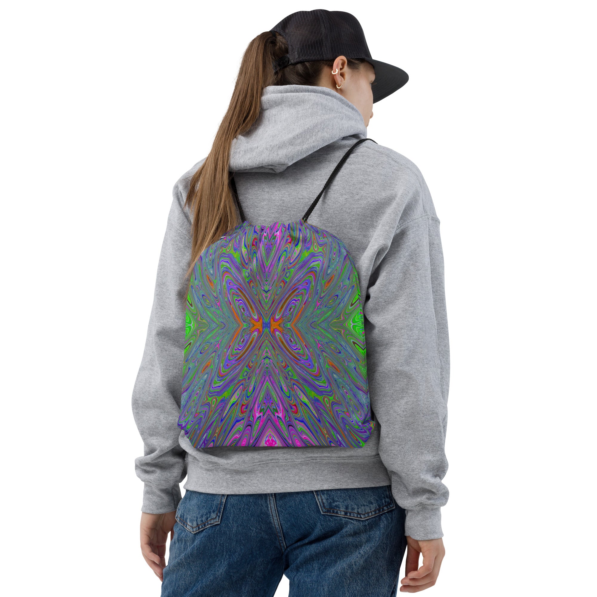 Drawstring Bags, Abstract Trippy Purple, Orange and Lime Green Butterfly