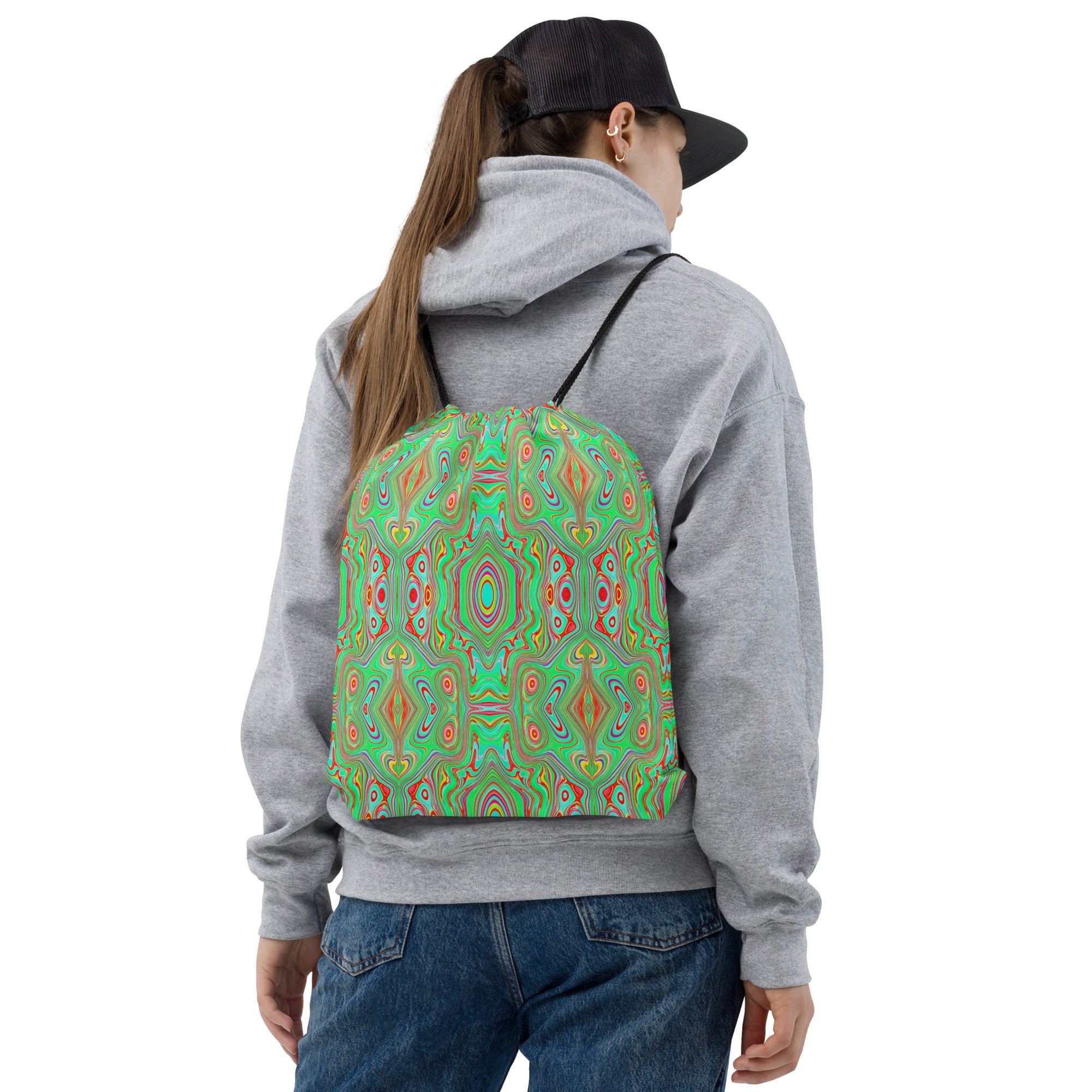 Drawstring Bags, Trippy Retro Orange and Lime Green Abstract Pattern