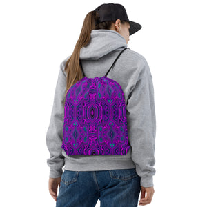 Drawstring Bags, Trippy Retro Magenta and Black Abstract Pattern