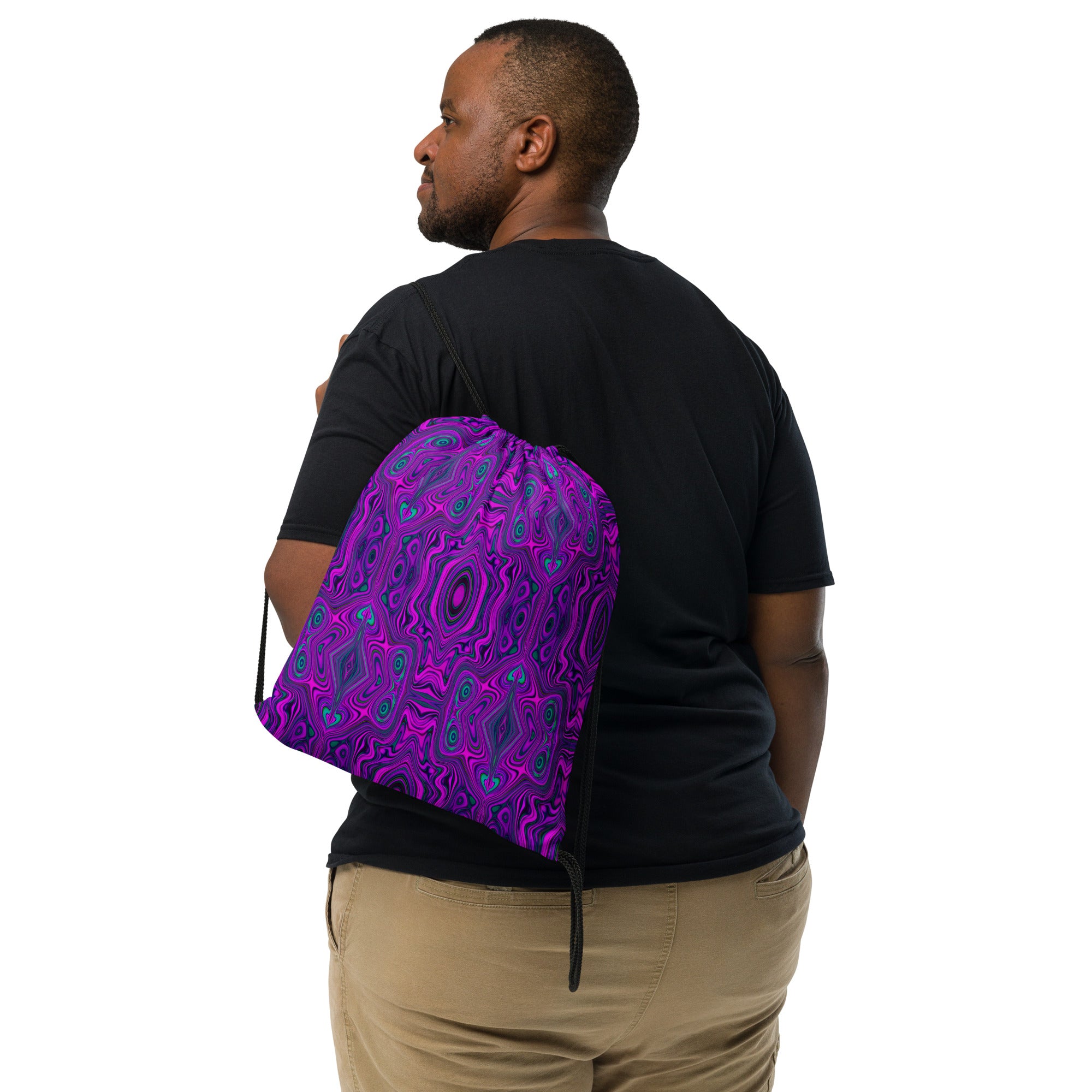 Drawstring Bags, Trippy Retro Magenta and Black Abstract Pattern