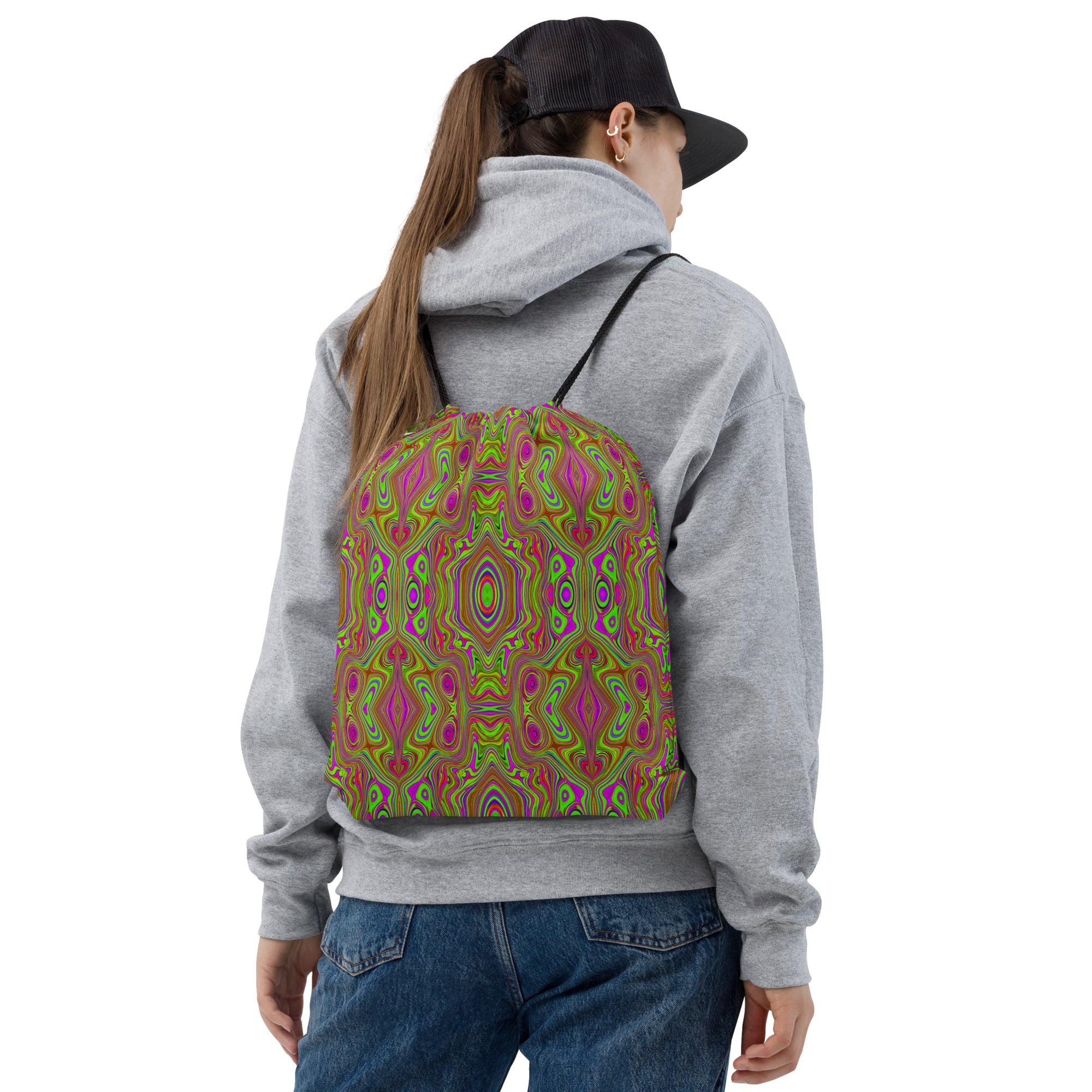 Drawstring Bags, Trippy Retro Chartreuse Magenta Abstract Pattern