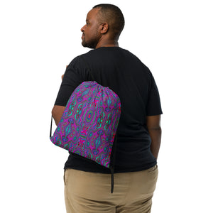 Drawstring Bags, Trippy Retro Magenta, Blue and Green Abstract