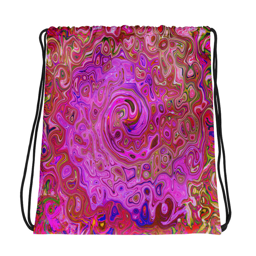 Drawstring Bags, Hot Pink Marbled Colors Abstract Retro Swirl