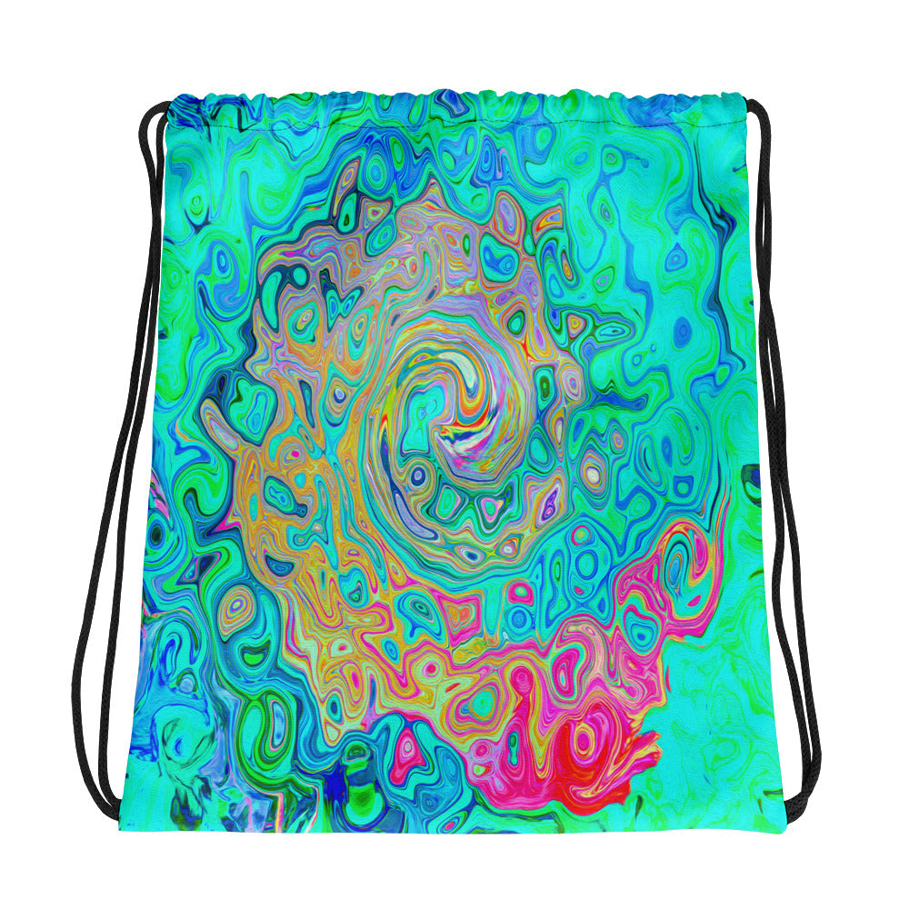 Drawstring Bags, Groovy Abstract Retro Rainbow Liquid Swirl