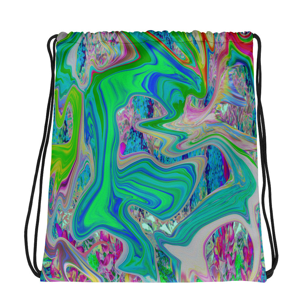 Drawstring Bags, Colorful Marbled Lime Green Abstract Retro Liquid Art