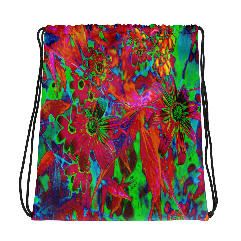 Drawstring Bags, Psychedelic Groovy Red and Green Wildflowers