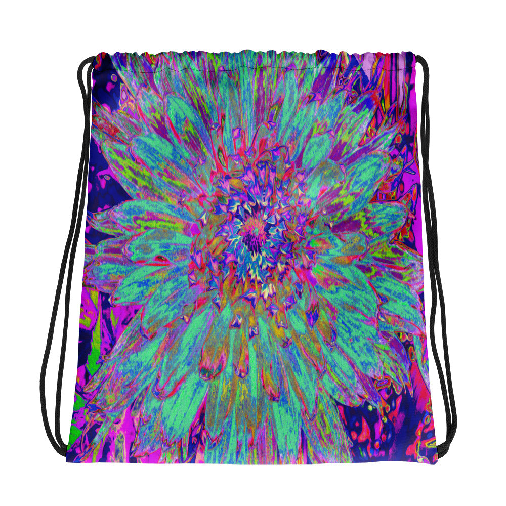 Colorful Drawstring Bags, Aquamarine Rainbow Color Abstract Dahlia Flower