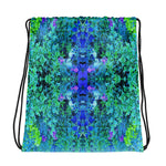 Colorful Floral Drawstring Bag, Abstract Chartreuse and Blue Garden Foliage Pattern