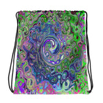 Hippie Drawstring Bag, Marbled Lime Green and Purple Abstract Retro Swirl