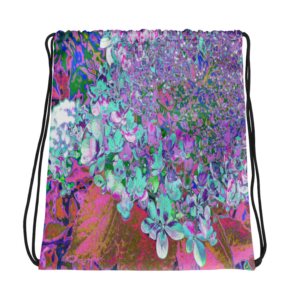 Floral Drawstring Bags, Elegant Aqua and Purple Limelight Hydrangea Detail